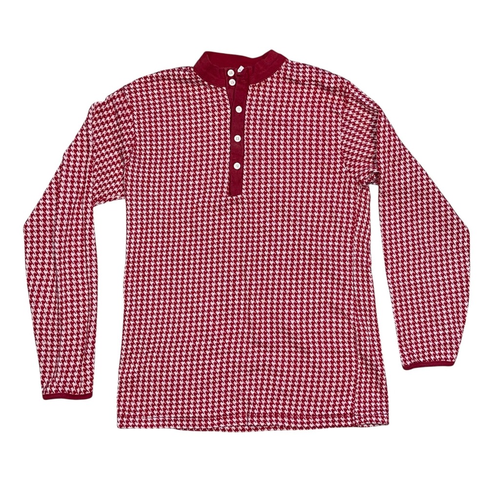 Vintage Kmart Kids Red Houndstooth Long Sleeve Henley Shirt Size L Retro Knit